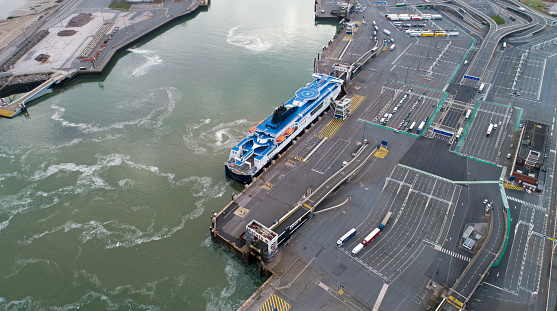 Aerial view of a ferry boat in Calais port, France