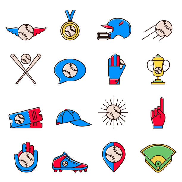 ilustrações de stock, clip art, desenhos animados e ícones de set of baseball or softball color line icons: helmet, medal, tickets, cup, cap, gloves and other equipment and gear. collection of base ball elements and signs in colorful outline design. - softball medal baseballs baseball