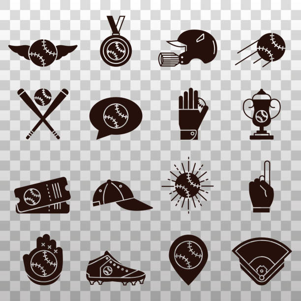 ilustrações de stock, clip art, desenhos animados e ícones de collection of baseball or softball black silhouette icons: helmet, medal, tickets, cup, cap, gloves and other equipment and gear. set of base ball signs in outline design on transparent background. - softball medal baseballs baseball