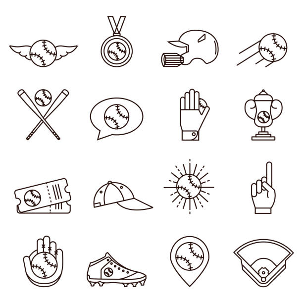 ilustraciones, imágenes clip art, dibujos animados e iconos de stock de conjunto de iconos de béisbol o softbol línea: casco, medalla, entradas, taza, casquillo, guantes y otro equipo, ropa y equipo. colección de base ball de los símbolos y signos en el estilo de contorno delgado. - softball medal baseballs baseball