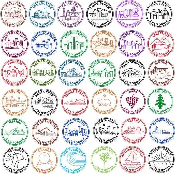 Vector illustration of Series of California Cities and Locations in Stamp Form