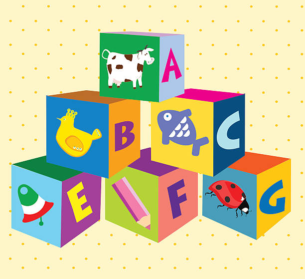 illustrations, cliparts, dessins animés et icônes de blocs colorés avec des photos et lettres sur fond jaune à pois - bébé cubes