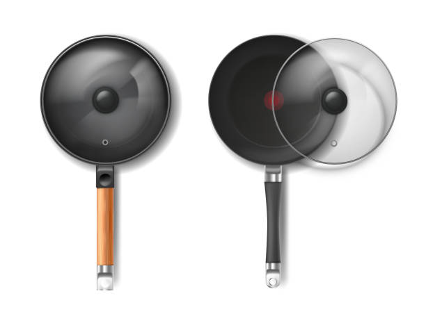 Vector set of round frying pans with glass lids Vector realistic set of two round frying pans with glass lids, with red thermo-spot indicator and non-stick coating isolated on background. Modern cookware, kitchen equipment for frying, cooking food stuck in room stock illustrations