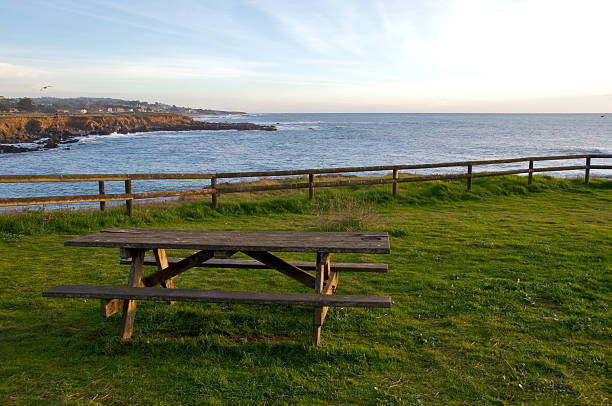 istock park bench by the ocean at Cambria California 95706739