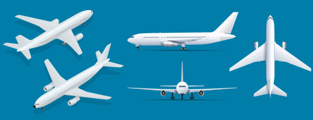 самолеты на синем фоне. промышленный чертеж самолета. авиалайнер сверху, сбоку, спереди и изометрический. иллюстрация вектора плоского сти� - вид спереди иллюстрации stock illustrations