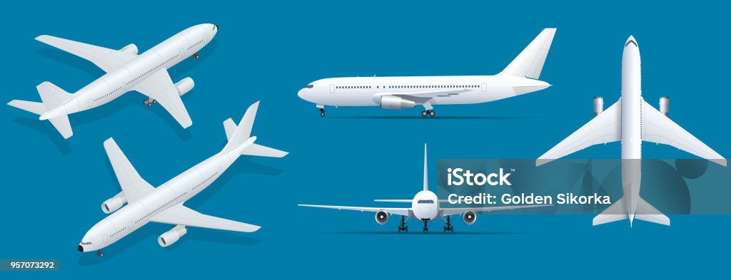Airplanes on blue background. Industrial blueprint of airplane. Airliner in top, side, front view and isometric. Flat style vector illustration. Airplanes on blue background. Industrial blueprint of airplane. Airliner in top, side, front view and isometric. Flat style vector illustration Airplane stock vector