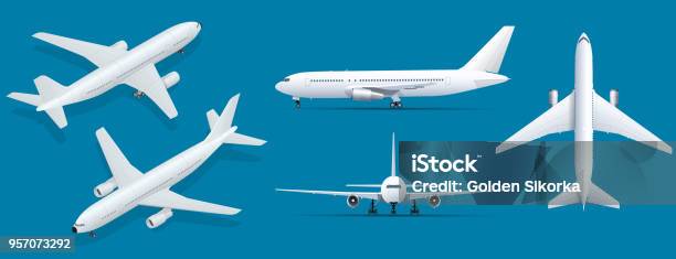 Airplanes On Blue Background Industrial Blueprint Of Airplane Airliner In Top Side Front View And Isometric Flat Style Vector Illustration Stock Illustration - Download Image Now