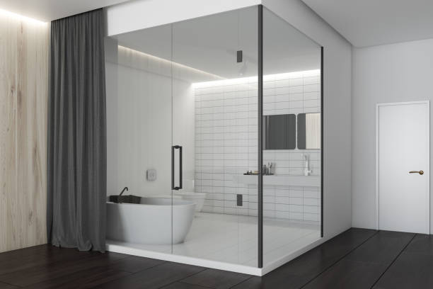 istock White and wooden luxury bathroom, side view 957076990