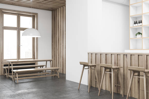 istock Wooden bar interior with shelves, side view 957080088