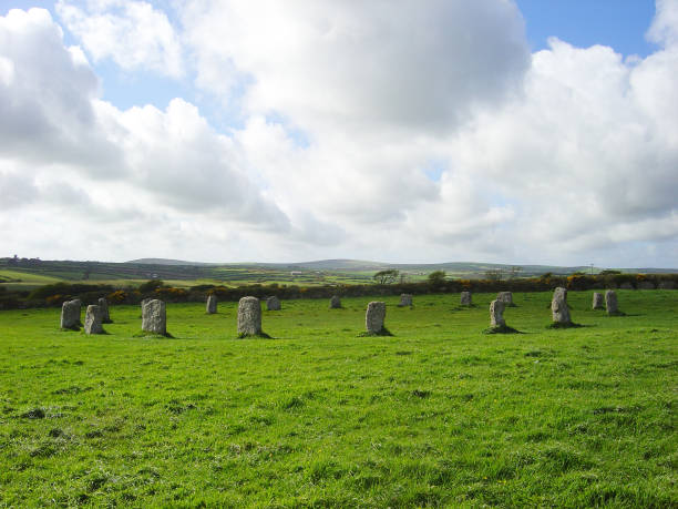 The Merry Maidens Stone Circle The Merry Maidens Stone Circle near Lamorna, Penzance, Cornwall UK stone age stock pictures, royalty-free photos & images