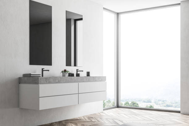istock Double sink in a white bathroom, side view 957080316