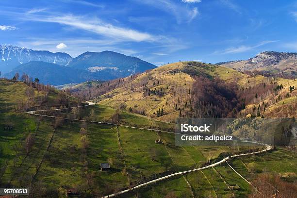 Paisagem Alpina Contra O Céu Azul E Nuvens Na Primavera - Fotografias de stock e mais imagens de Abeto
