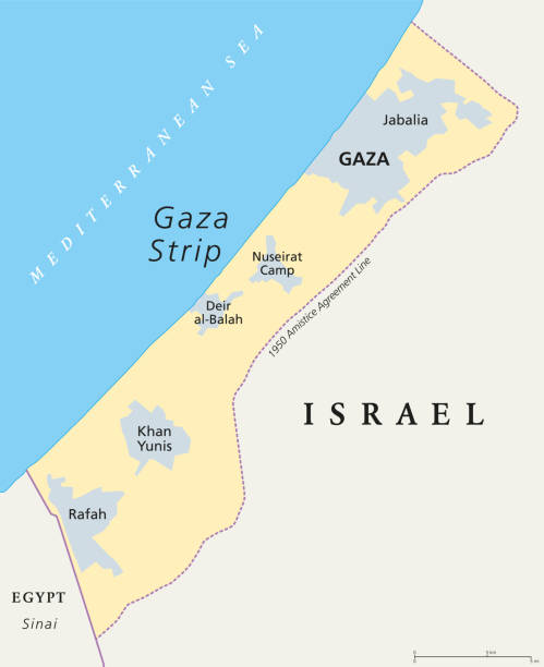Gaza Strip political map Gaza Strip political map. Self governing Palestinian territory on the coast of Mediterranean Sea that borders to Israel and Egypt. Claimed by State of Palestine. English labeling. Illustration. Vector israel egypt border stock illustrations