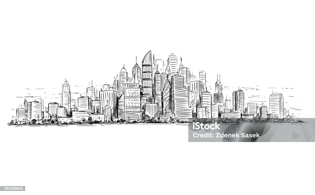 Vector Artistic Drawing Illustration of Generic City High Rise Cityscape Landscape with Skyscraper Buildings Vector artistic sketchy pen and ink drawing illustration of generic city high rise cityscape landscape with skyscraper buildings. Cityscape stock vector