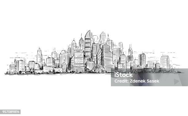 Vector Artistic Drawing Illustration Of Generic City High Rise Cityscape Landscape With Skyscraper Buildings Stock Illustration - Download Image Now