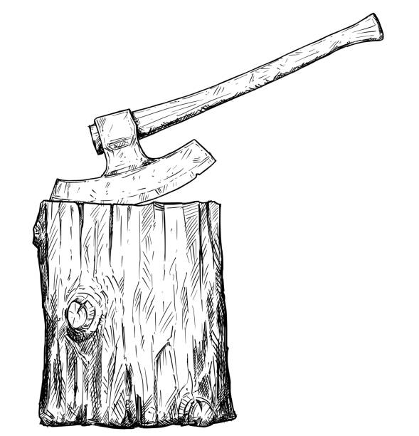 Vector Artistic Drawing Illustration of Medieval Executioner Axe or Ax and Execution Block Vector artistic pen and ink drawing illustration of medieval executioner axe or ax and execution block. medieval torture drawings stock illustrations