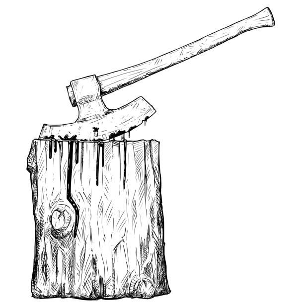 Vector Artistic Drawing Illustration of Medieval Executioner Axe or Ax and Execution Block Vector artistic pen and ink drawing illustration of medieval executioner axe or ax and execution block. medieval torture drawings stock illustrations