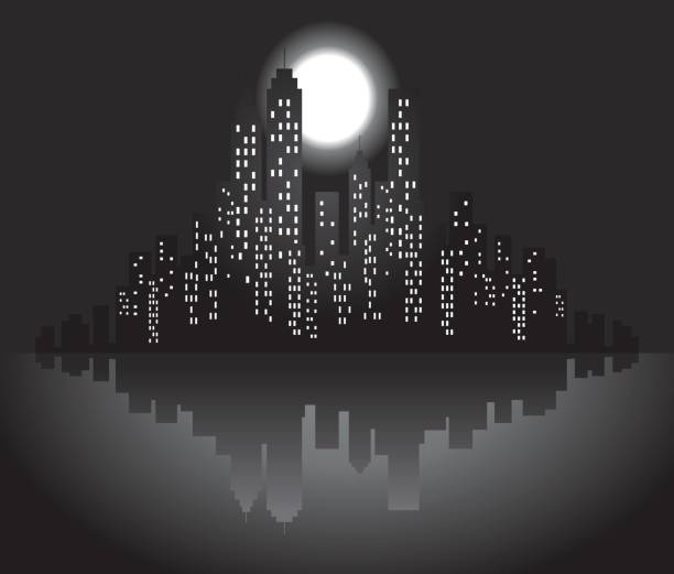 City Skyline With Moonstars At Night Silhouette Illustration Stock  Illustration - Download Image Now - iStock