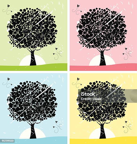 Летом Spring Nature Вид С Деревья Силуэт Блестящая Солнце Иллюстрация — стоковая векторная графика и другие изображения на тему Бабочка