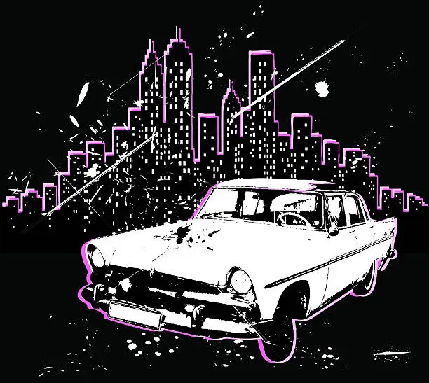 Vector illustration of grunge City Skyline and 50's retro car silhouette illustration