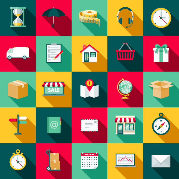 Shipping Flat Design Icon Set with Side Shadow A set of flat design styled shipping and mail delivery icons with a long side shadow. Color swatches are global so it’s easy to edit and change the colors. warehouse tools stock illustrations