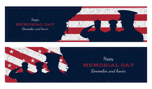 ilustrações de stock, clip art, desenhos animados e ícones de happy memorial day. set vintage retro greeting card with flag and soldier with old-style texture. national american holiday event. flat vector illustration eps10 - national hero