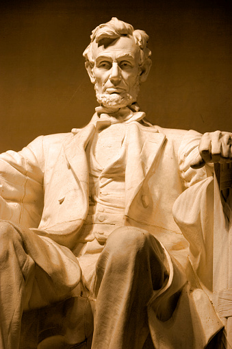 Detail of the statue of Abraham Lincoln, marble statue in Lincoln Memorial, Washington, DC, USA