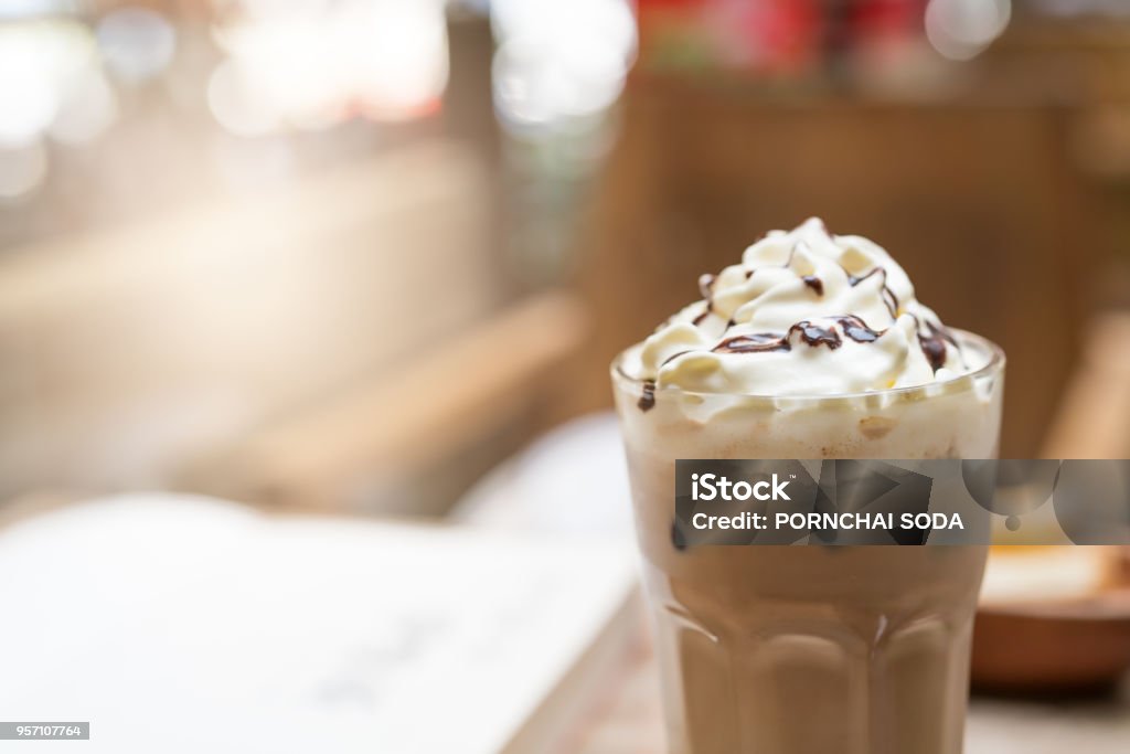 cup of iced mocha coffee on wooden table background. food and drink concept Affogato Stock Photo