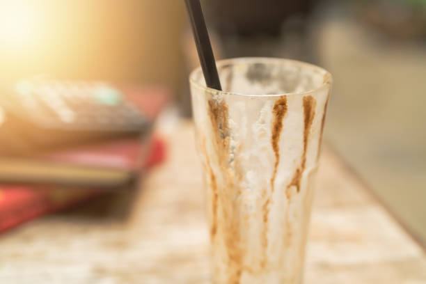 empty cup of iced mocha coffee on wooden table background.
