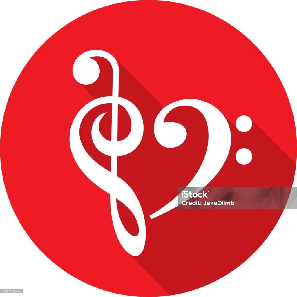 Music Note Heart Icon Silhouette Vector illustration of a red treble clef and bass clef in a heart shape icon in flat style. Bass Clef stock vector