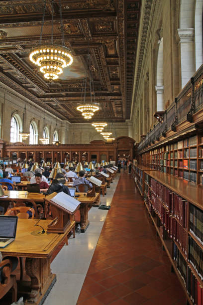 new york public library, sala de leitura - new york city new york public library indoors bookshelf - fotografias e filmes do acervo