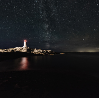 Summer Milky Way above Peggy’s Cove lighthouse.  Long exposure.