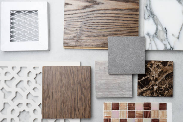istock samples of material, wood , on concrete table.Interior design select material for idea. 957119494