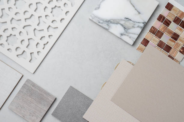 istock samples of material, wood , on concrete table.Interior design select material for idea. 957119516