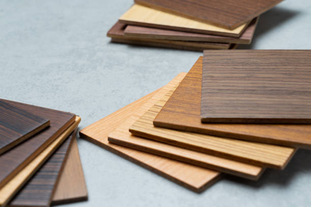 istock samples of material, wood , on concrete table.Interior design select material for idea. 957119564