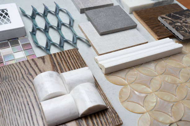 istock samples of material, wood , on concrete table.Interior design select material for idea. 957119568