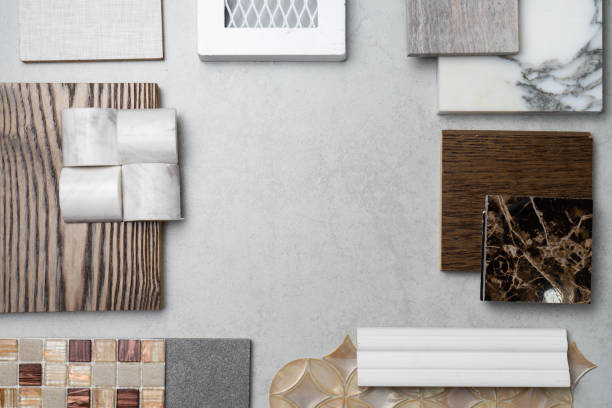 istock samples of material, wood , on concrete table.Interior design select material for idea. 957119580