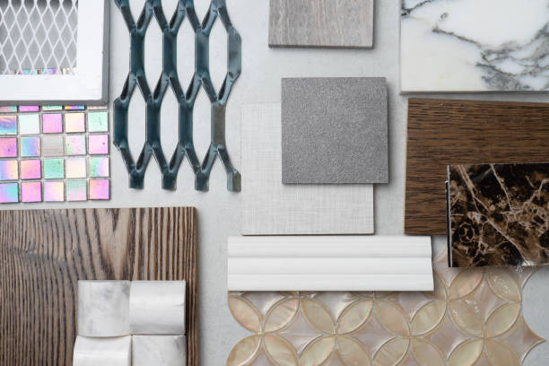 istock samples of material, wood , on concrete table.Interior design select material for idea. 957119596