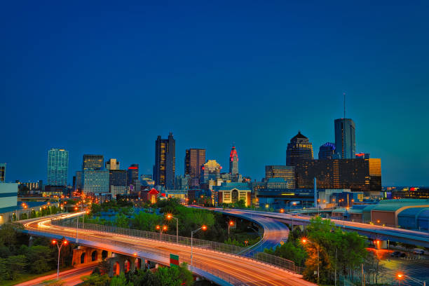 Looking south at the city of Columbus skyline at sunset