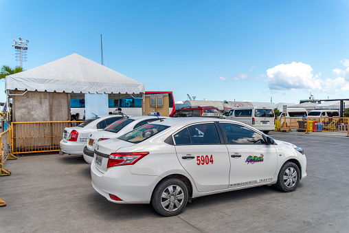 Apr 23,2018 Bohol island, Philippines: Taxis waiting for passengers at the ferry terminal