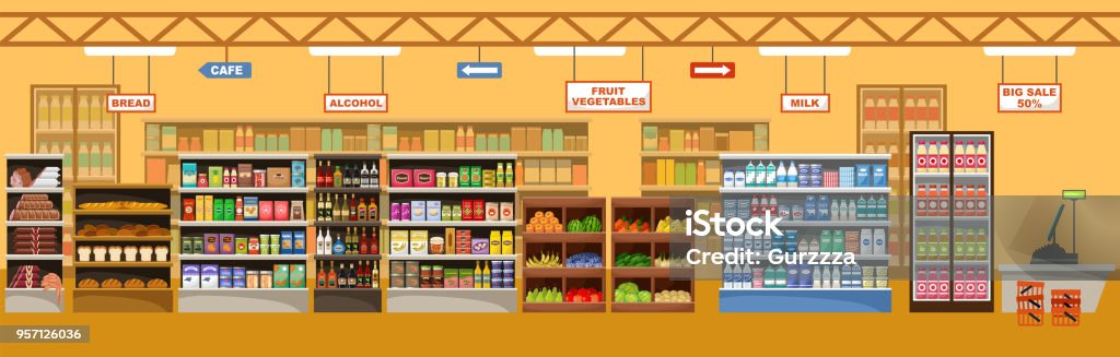 Supermarkt-Interieur mit Produkten - Lizenzfrei Supermarkt Vektorgrafik