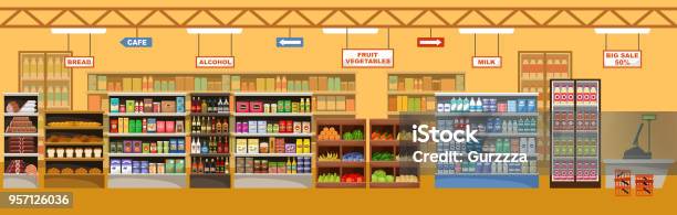 Supermarktinterieur Mit Produkten Stock Vektor Art und mehr Bilder von Supermarkt - Supermarkt, Regal, Markt - Verkaufsstätte