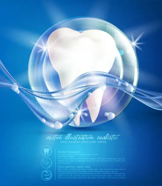 Vector illustration of Vector, abstract illustration on a medical theme: white tooth in a bubble on a blue background. Element for design, advertising, promotion