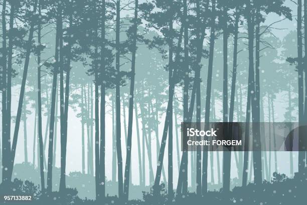 Vector Illustration Of A Coniferous Forest In Winter With Falling Snow Stock Illustration - Download Image Now