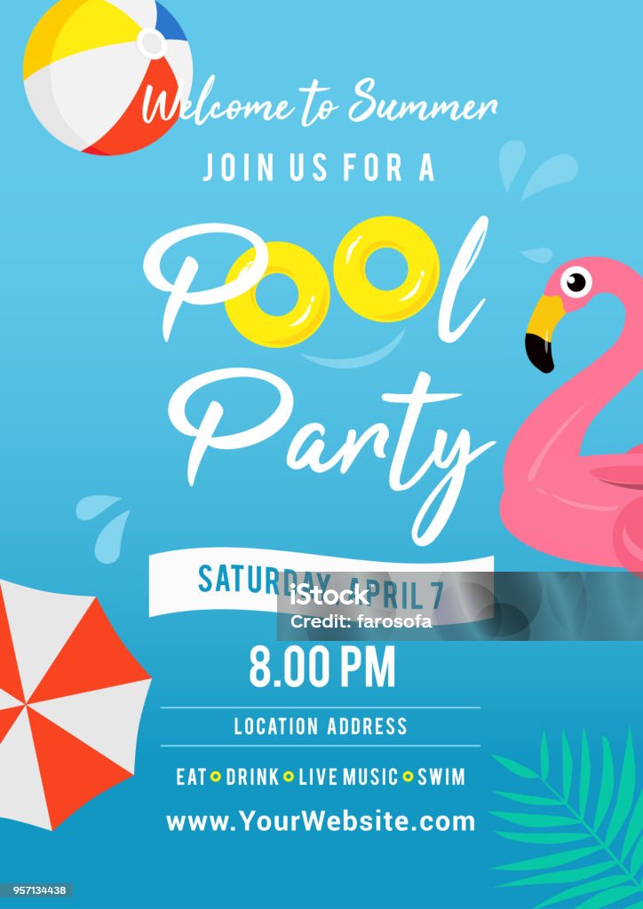 Illustration vectorielle de pool party invitation. Piscine avec jouets pour la piscine. - clipart vectoriel de Soirée piscine libre de droits