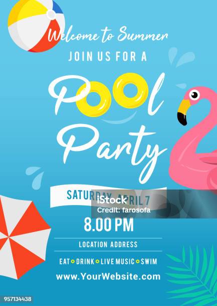 Pool Party Invitation Vector Illustration Swimming Pool With Pool Toys Stock Illustration - Download Image Now