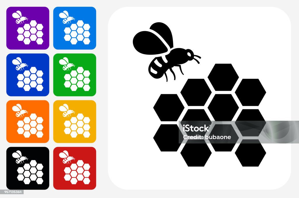 Bee Icon Square Button Set Bee Icon Square Button Set. The icon is in black on a white square with rounded corners. The are eight alternative button options on the left in purple, blue, navy, green, orange, yellow, black and red colors. The icon is in white against these vibrant backgrounds. The illustration is flat and will work well both online and in print. Honey Bee stock vector