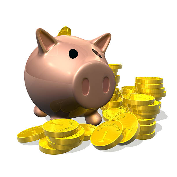 3 d render de porquinho e moedas ilustração - piggy bank gold british currency pound symbol - fotografias e filmes do acervo