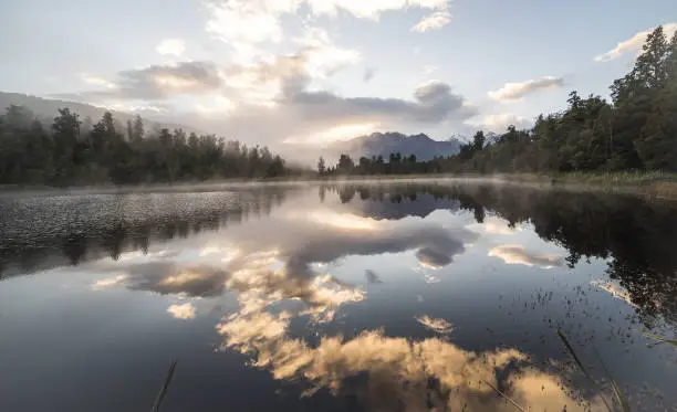 New Zealand lake view refection with morning sunrise sky
