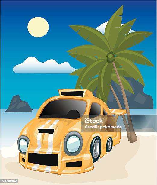 Carro Na Praia - Arte vetorial de stock e mais imagens de Amarelo - Amarelo, Céu, Céu claro